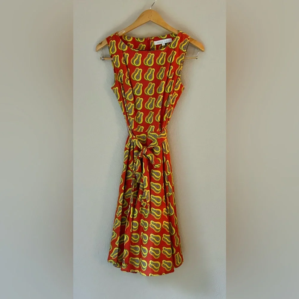 Fun Dress Travel/Work/Casual Papaya Print Sleeveless A-Line Swing Dress W/ Belt - Picture 2 of 11